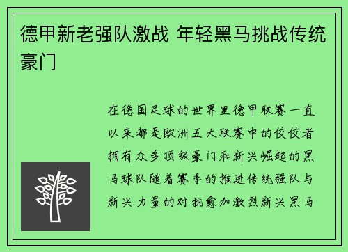 德甲新老强队激战 年轻黑马挑战传统豪门