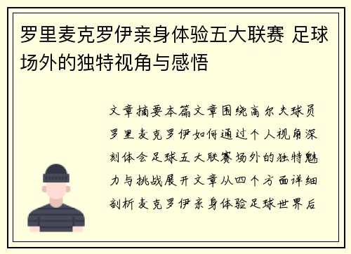 罗里麦克罗伊亲身体验五大联赛 足球场外的独特视角与感悟